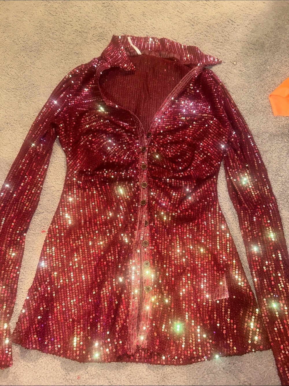 Free People Red Sequin Long Sleeve Button-Front Top